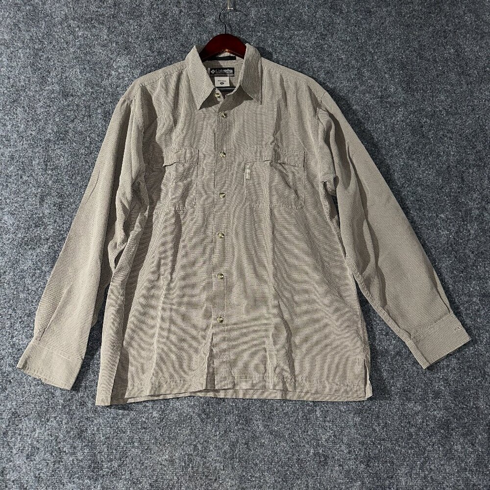 Columbia Shirt Mens Large Button Up Brown Check Long Sleeve Pockets Split Hem